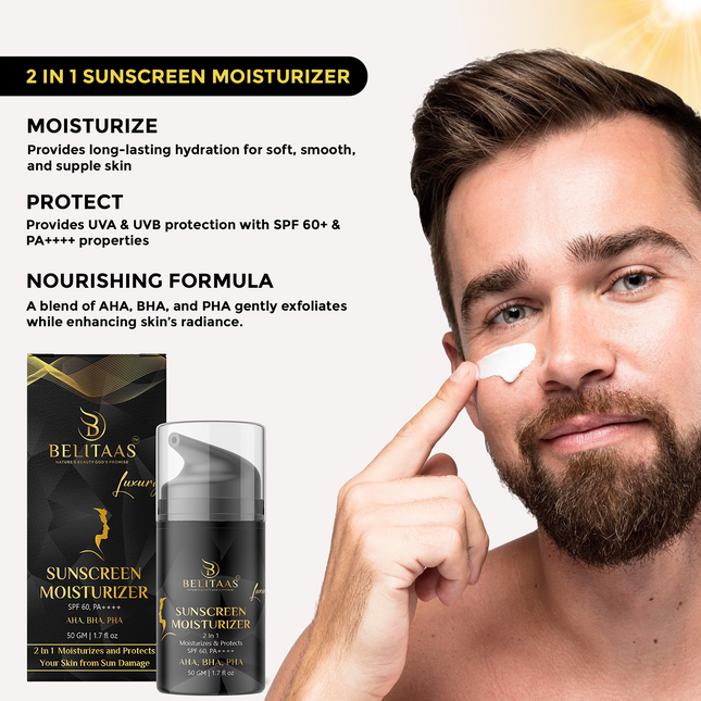 Luxury By BELITAAS SPF 60 Sunscreen Moisturizer, PA+++ with AHA, PHA & BHA – 50 GM | Advanced Hydration & Skin Protection