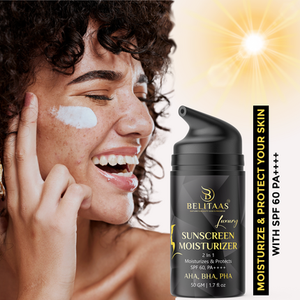 Luxury By BELITAAS SPF 60 Sunscreen Moisturizer, PA+++ with AHA, PHA & BHA – 50 GM | Advanced Hydration & Skin Protection