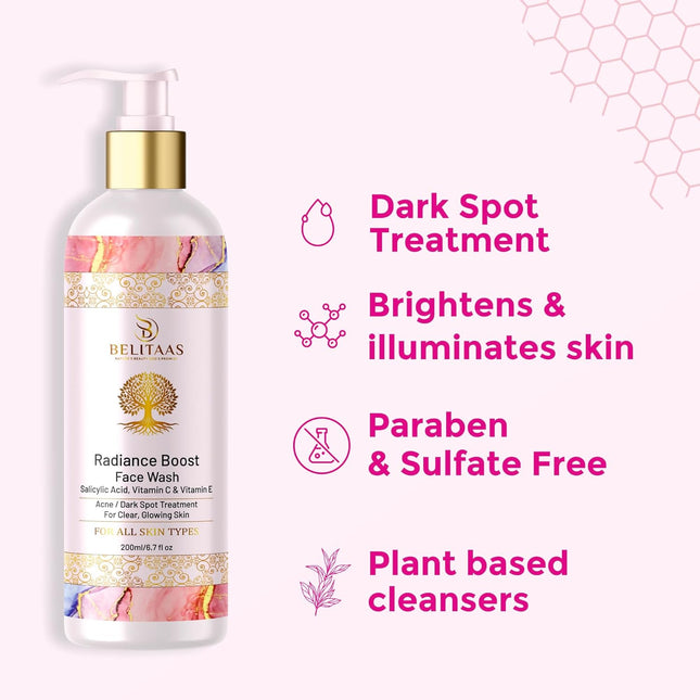 Belitaas Radiance Boost Facewash, Brightening and Clarifying Cleanser (Non Irritating), 200ml, Vitamin C, E, Salicylic Acid | Plant Based | Sulphate Free