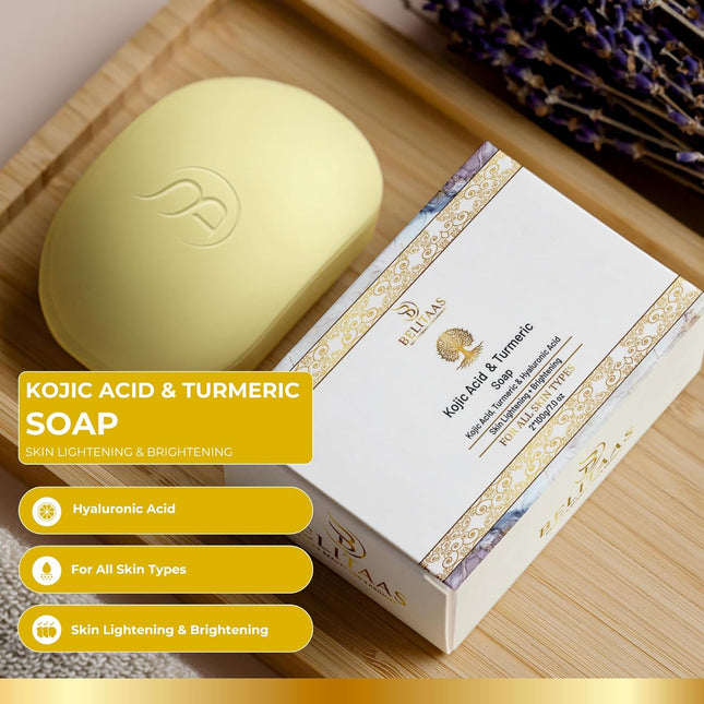 Belitaas Kojic Acid, Turmeric and Hyaluronic Acid Skin Lightening and Brightening Soap - 100g, Pack of 2