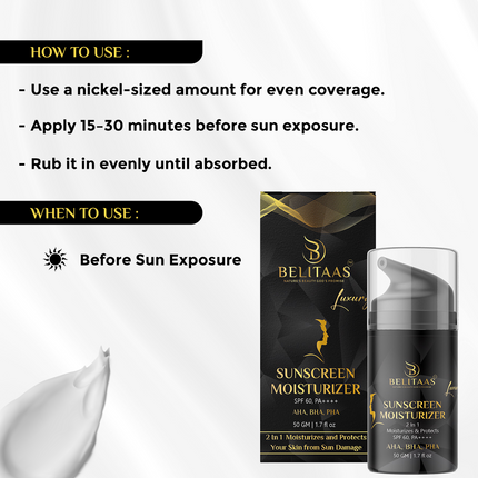 Luxury By BELITAAS SPF 60 Sunscreen Moisturizer, PA+++ with AHA, PHA & BHA – 50 GM | Advanced Hydration & Skin Protection