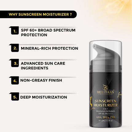 Luxury By BELITAAS SPF 60 Sunscreen Moisturizer, PA+++ with AHA, PHA & BHA – 50 GM | Advanced Hydration & Skin Protection