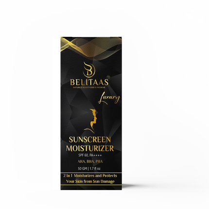 Luxury By BELITAAS SPF 60 Sunscreen Moisturizer, PA+++ with AHA, PHA & BHA – 50 GM | Advanced Hydration & Skin Protection