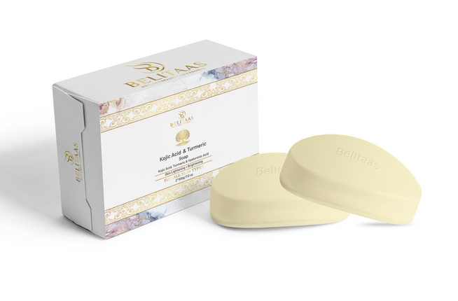 Belitaas Kojic Acid, Turmeric and Hyaluronic Acid Skin Lightening and Brightening Soap - 100g, Pack of 2